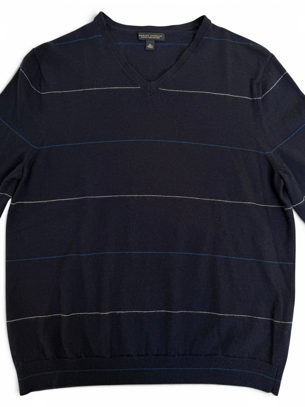 Banana Republic Navy Striped V-Neck Sweater Men’s Slim Fit Large Tagged XL